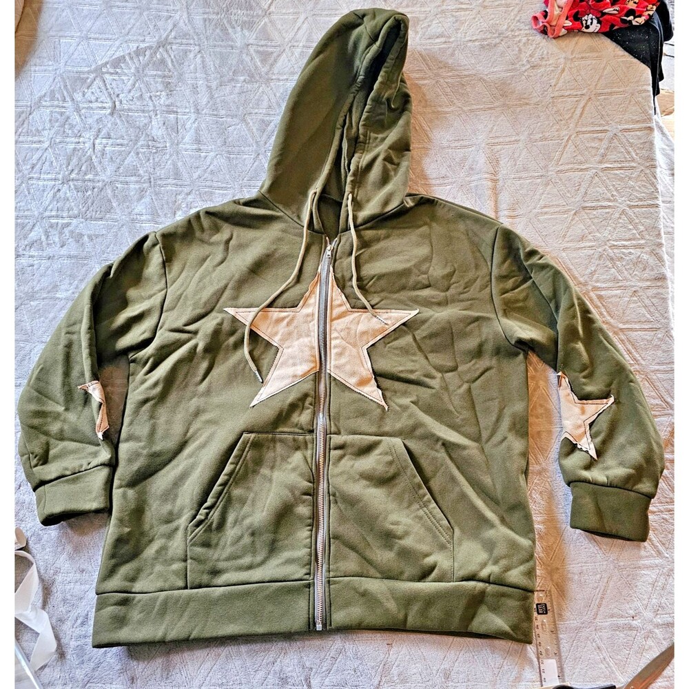 Women’s Green Full-Zip Hooded Hoodie w/ Pockets White Star Graphic Print XL NWT